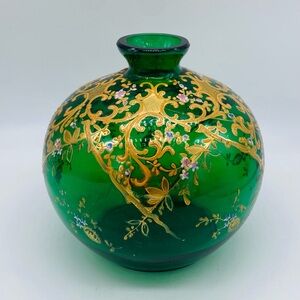 c.1880 MOSER Green Glass Vase w/ Hand Painted Floral Enamel